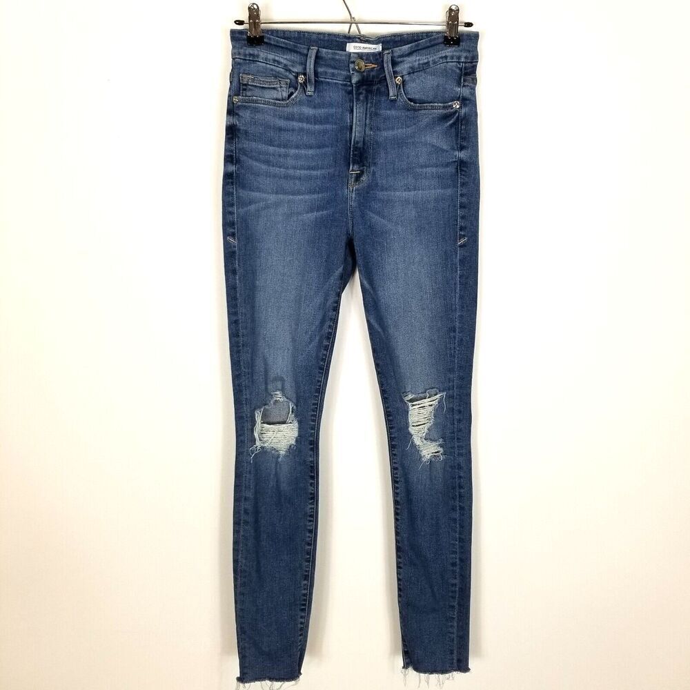 Good‎ American Good Waist Skinny Jeans Jeggings Distressed Size 2/26 Medium Wash